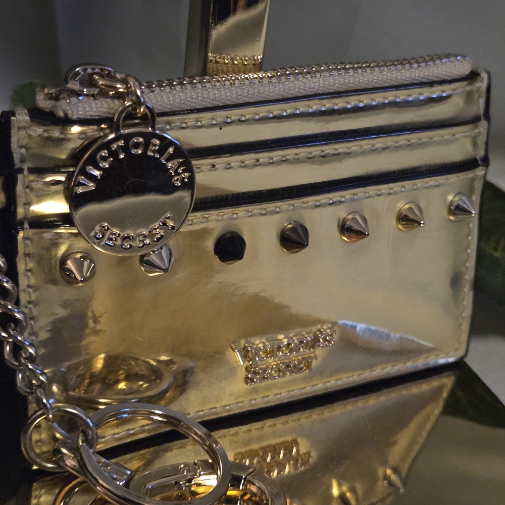 Victoria’s Secret Gold Metallic Studded Zip Card Holder Keychain Wallet